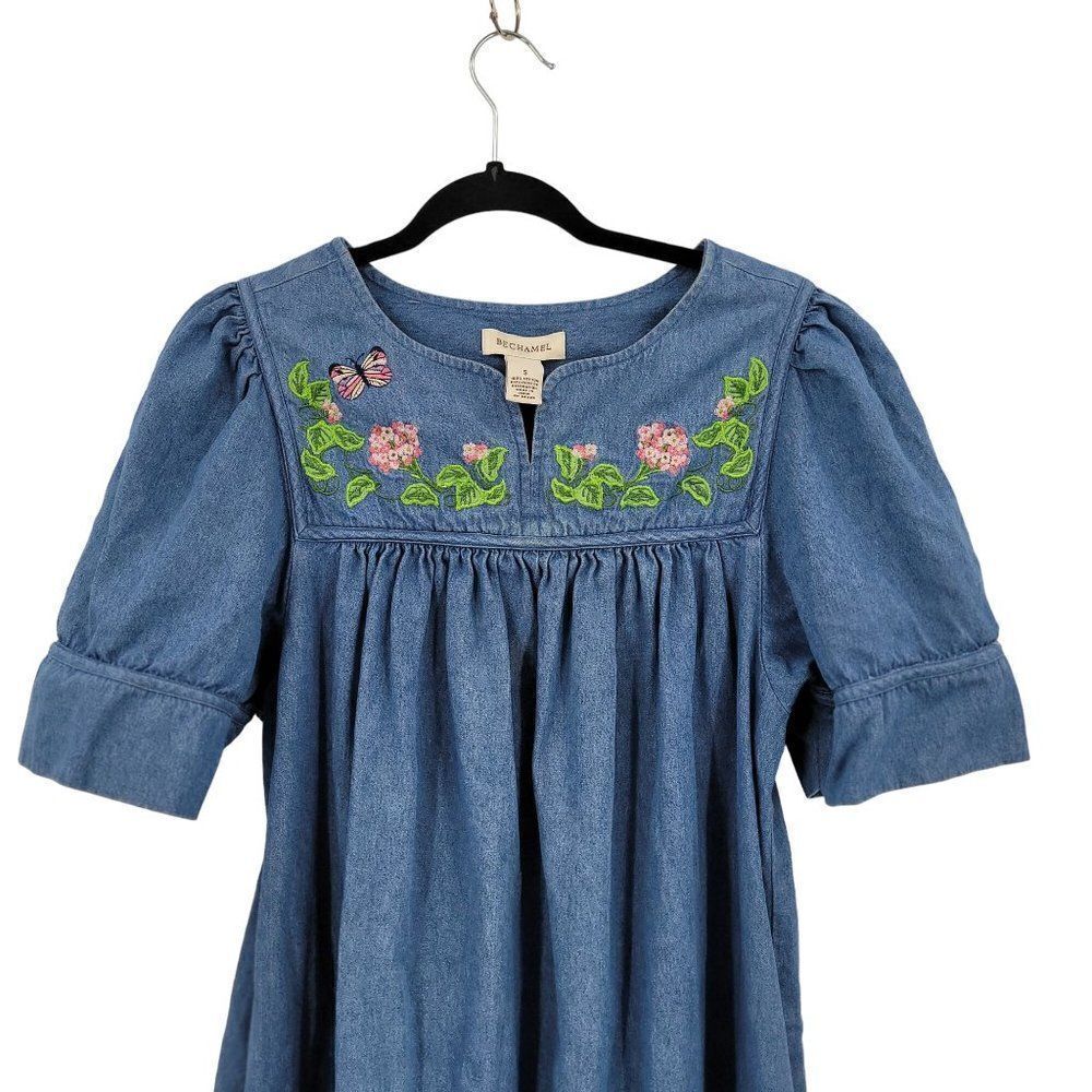 Vintage Denim Midi Dress S Blue Floral Butterfly Embroidered Puff Sleeve Kidcore - Picture 5 of 16